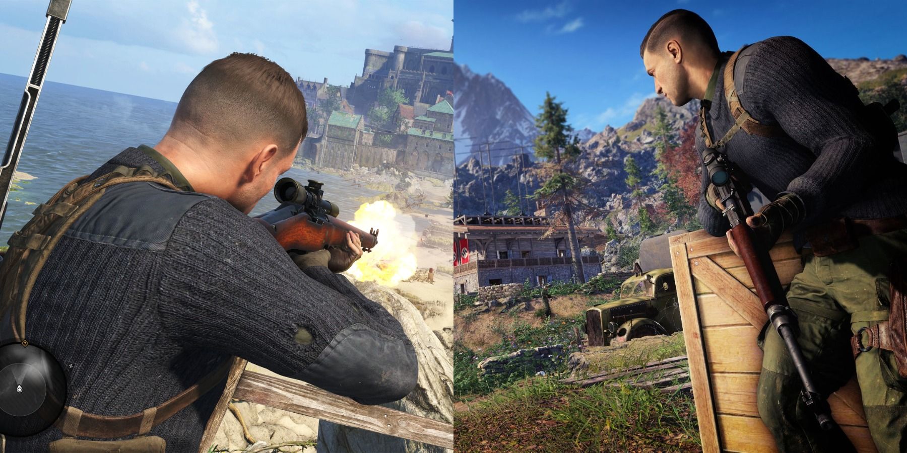 Sniper Elite 5 looking down barrel and taking aim and peering out