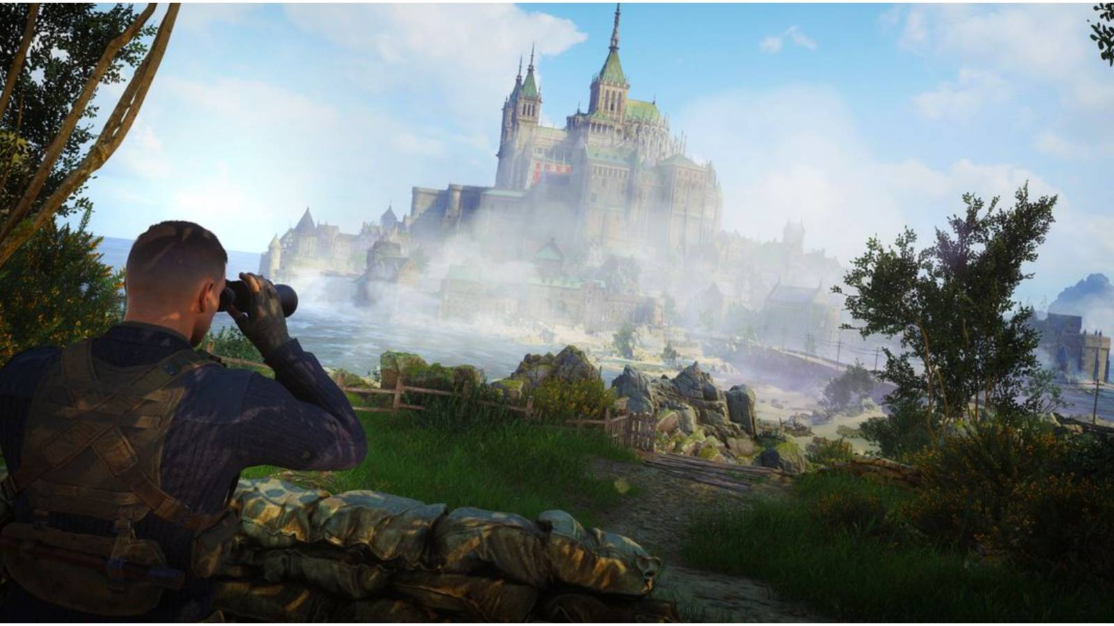 Sniper Elite 5 using the binoculars