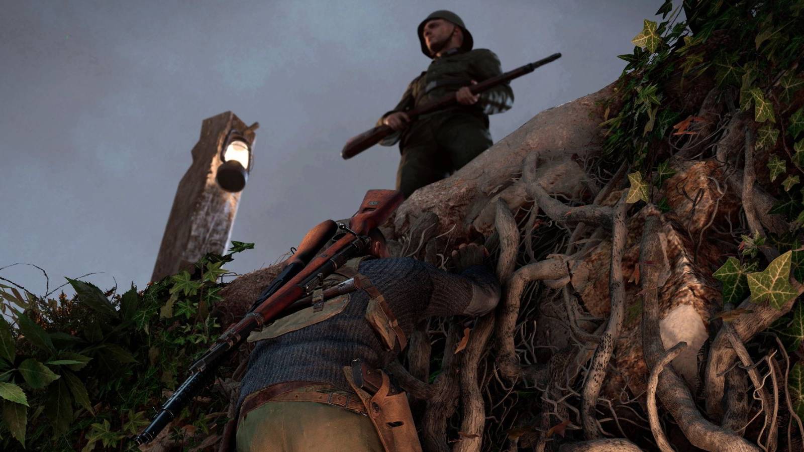 Climbing up to an enemy with a sniper and rifle on the back