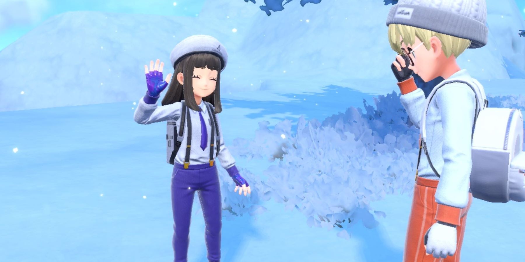 Two Pokemon trainers greeting each other in Pokemon Scarlet and Violet's snowy region