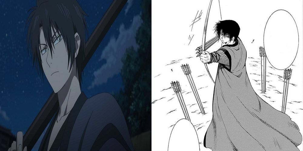 Yona of the Dawn Split image of Hak protecting Yona and Hak wielding a bow