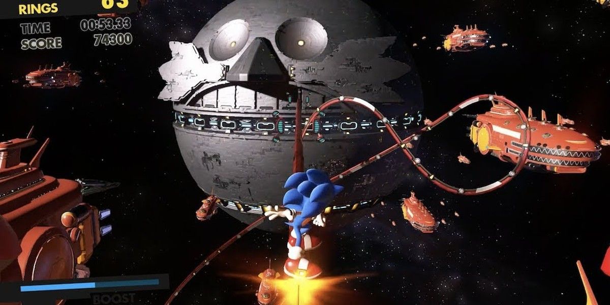 Sonic Forces Egg Gate Sonic riding pipe in space towards Eggman deathstar