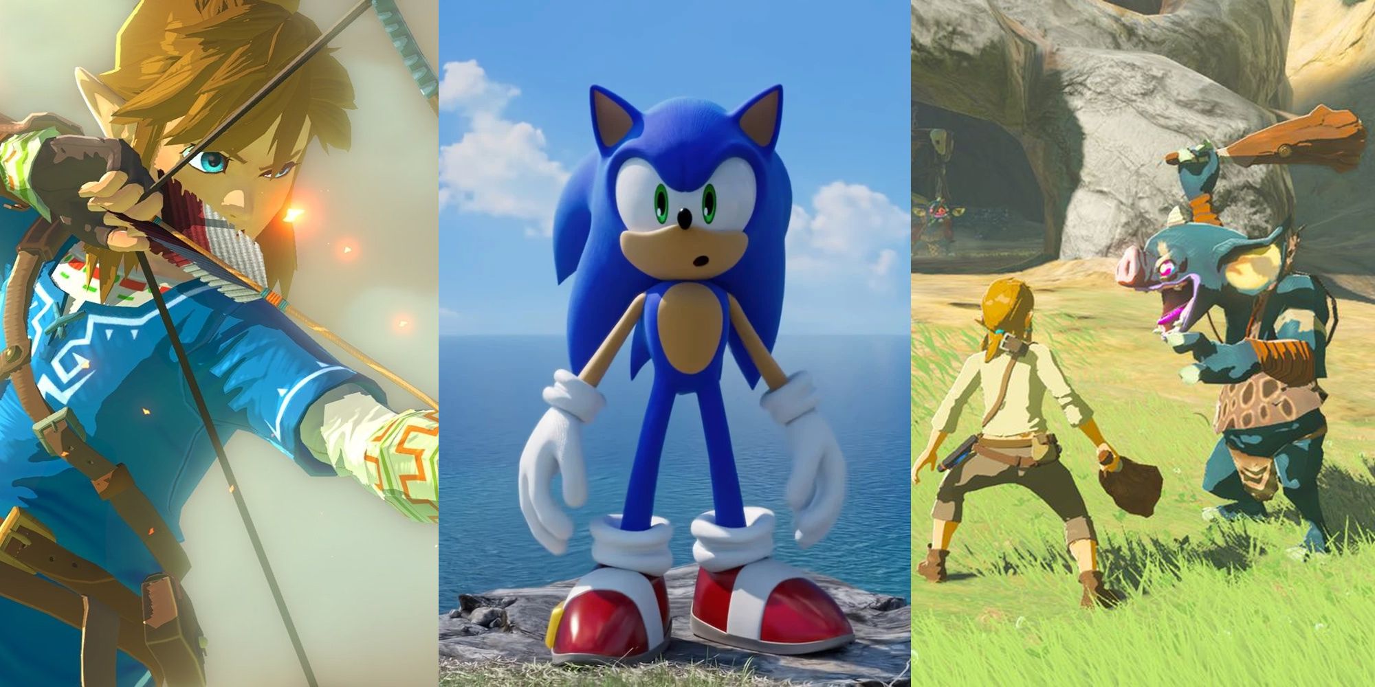 Link aiming his bow in a trailer for BOTW; Sonic looking surprised in a Sonic Frontiers trailer; Link battling a Moblin in BOTW