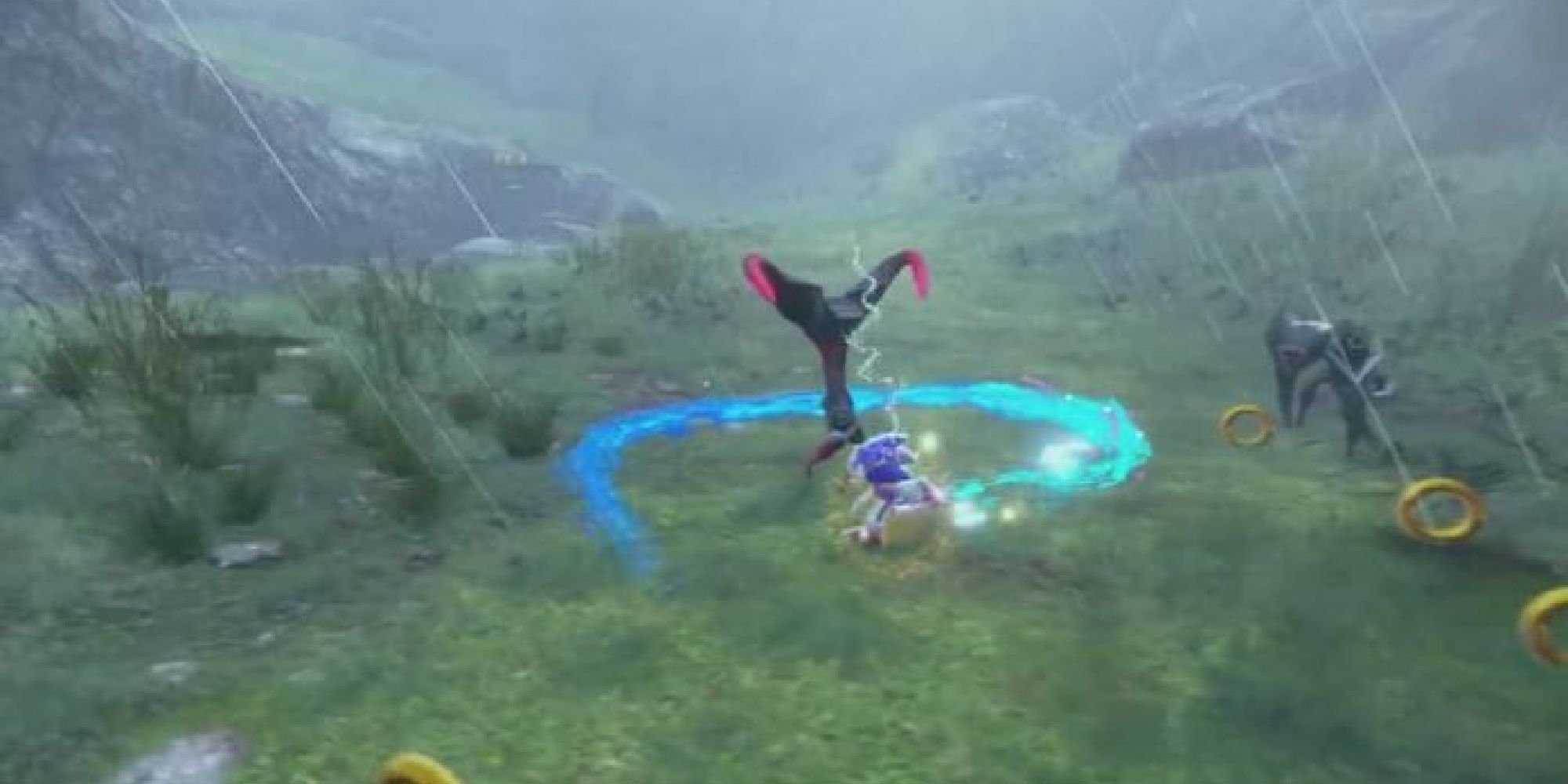 Sonic battling a robot in the rain in the Sonic Frontiers trailer