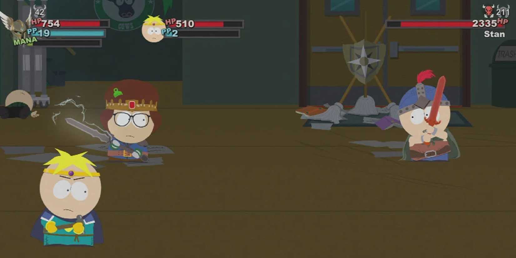 A battle in South Park The Stick of Truth between Butters, the avatar character, and Stan