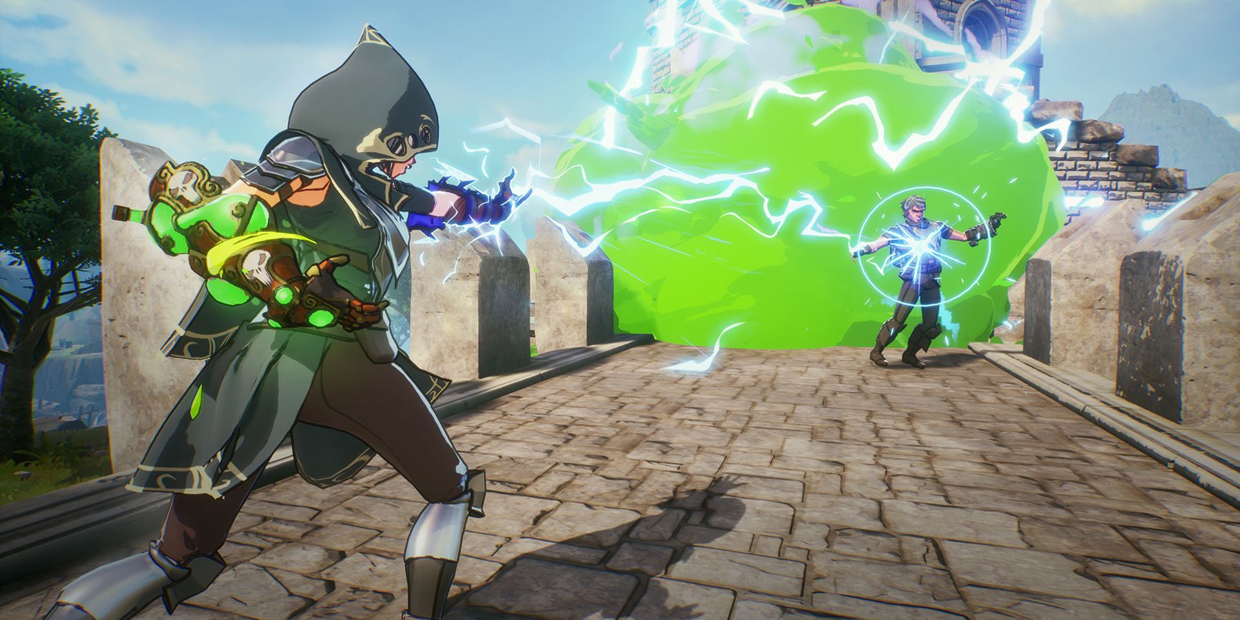 Spellbreak player with lightning and toxic gauntlets