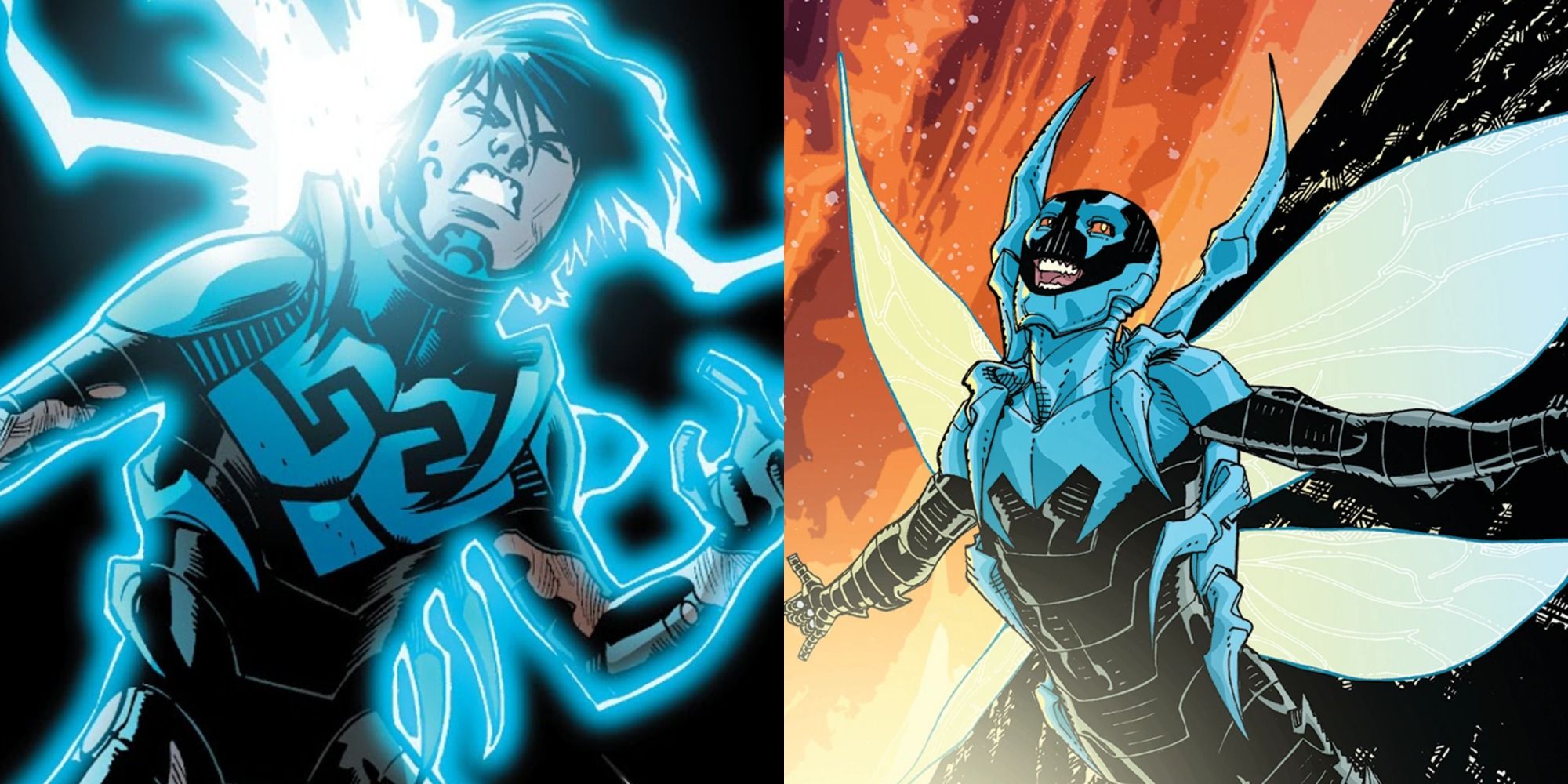 Split image of Jaime Reyes transforming into Blue Beetle and flying in space in Blue Beetle comics