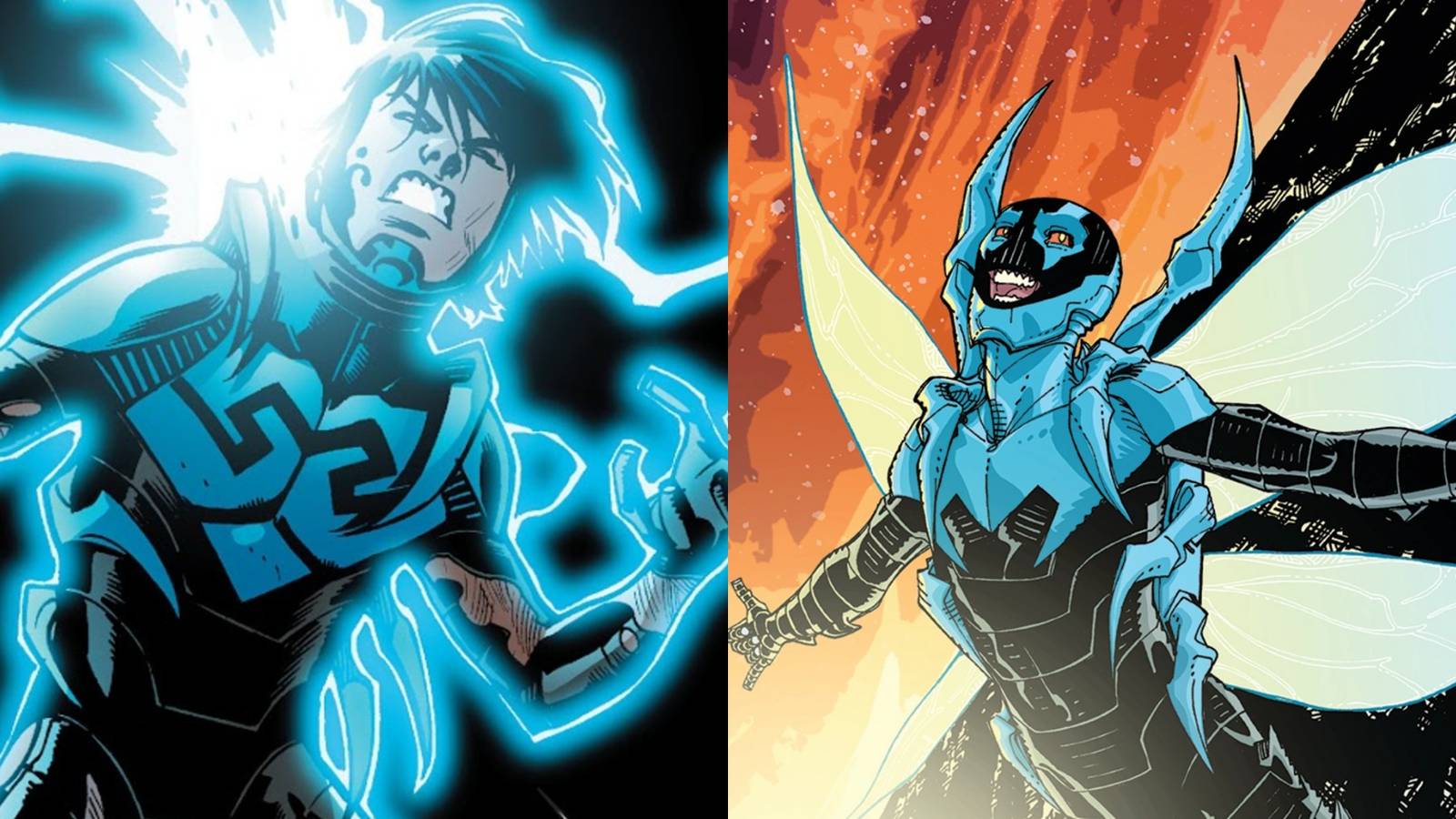 Split image of Jaime Reyes transforming into Blue Beetle and flying in space in Blue Beetle comics