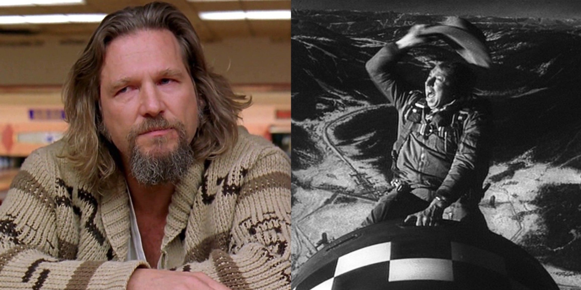 Split image of the Dude in a bar in The Big Lebowski and Major Kong riding a bomb in Dr Strangelove