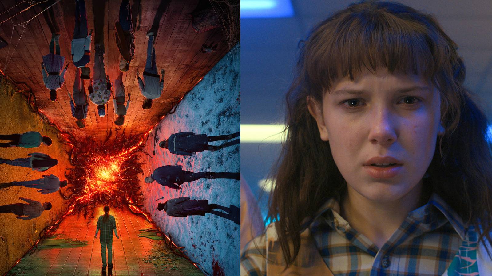 A split image features the Stranger Things Season 4 connected posters alongside Eleven