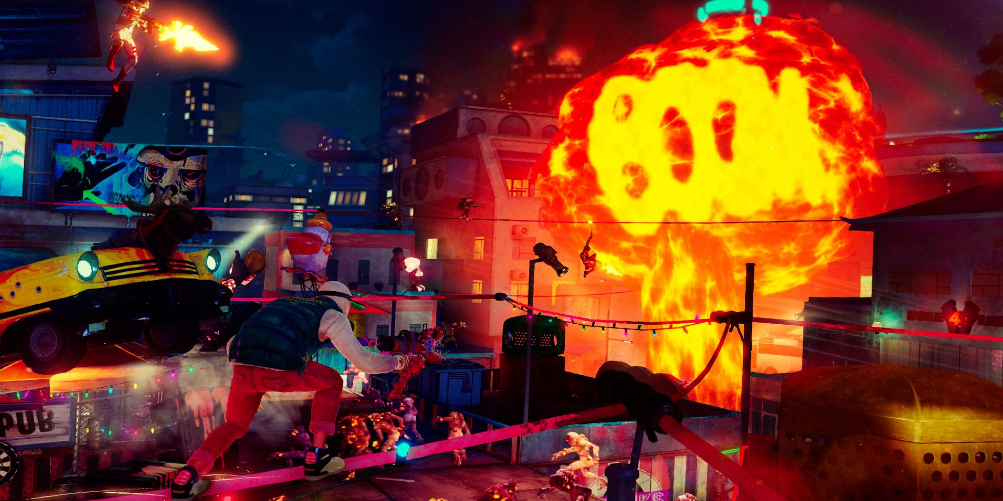 The Main Character of Sunset Overdrive Is Seen Sliding Along To A Mushroom Cloud That Says 