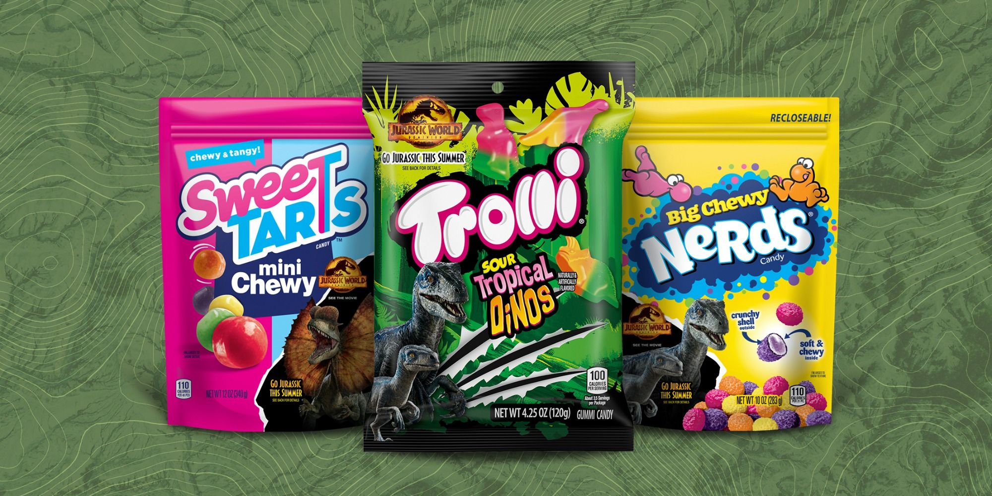 Jurassic World Dominion promo SweeTARTS, Trolli Sour Tropical, Big Chewy NERDS candy