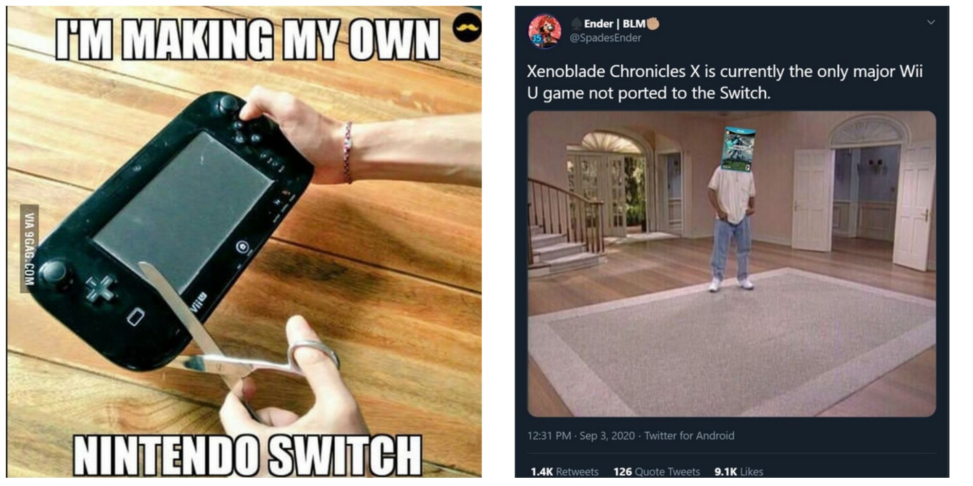 Left: A Wii U gamepad being cut with a Knife. Right: XenoBlade Chronicles X alone in an empty house. Image sources: inet.detik.com and knowyourmeme.com