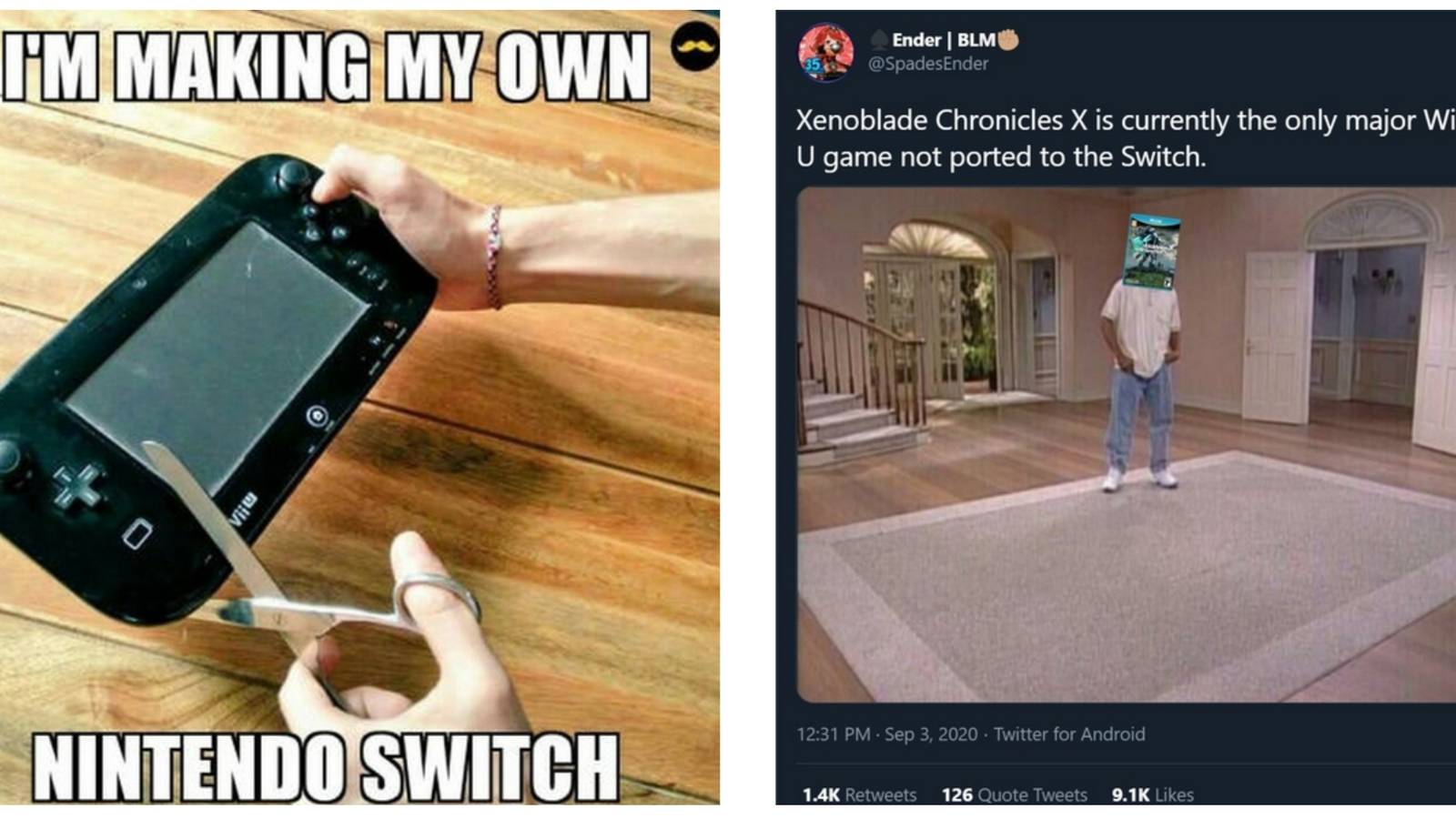 Left: A Wii U gamepad being cut with a Knife. Right: XenoBlade Chronicles X alone in an empty house. Image sources: inet.detik.com and knowyourmeme.com