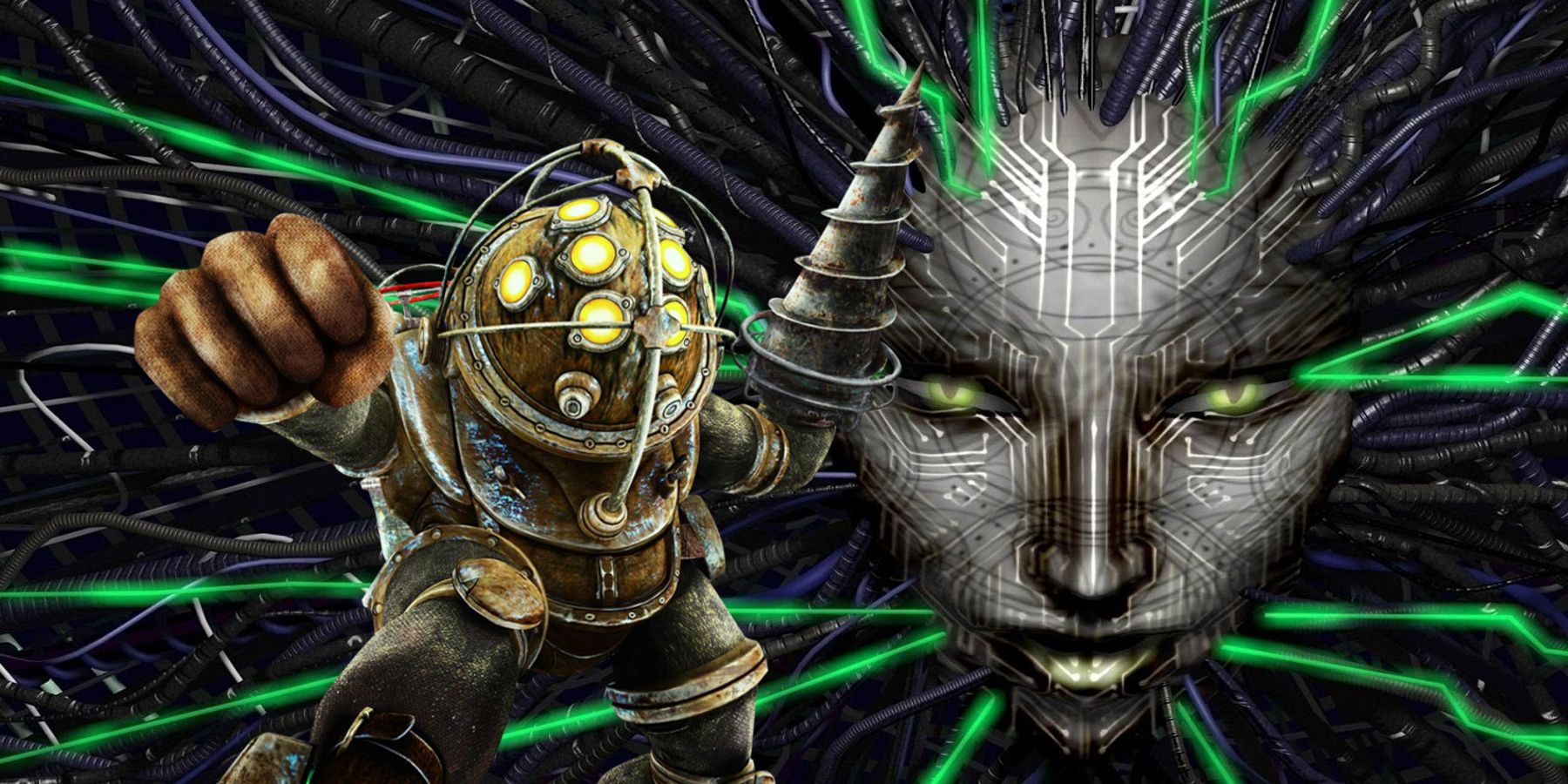 System Shock's SHODAN alongside a Big Daddy from BioShock