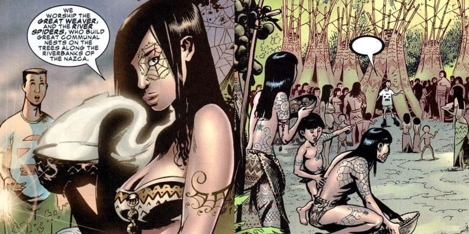 A split image features Taran and the Spider-Clan village in Marvel comics