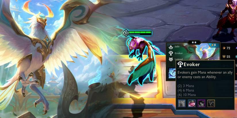 Teamfight Tactics Dragonlands - Anivia TFT Model Splash Art Next To In-Game Unit With Evoker Class Description