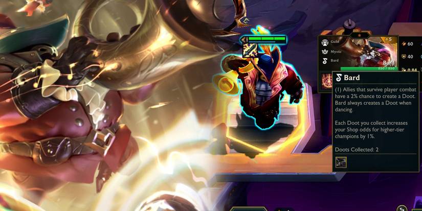 Teamfight Tactics Dragonlands - Bard TFT Model Splash Art Next To In-Game Unit With Bard Class Description