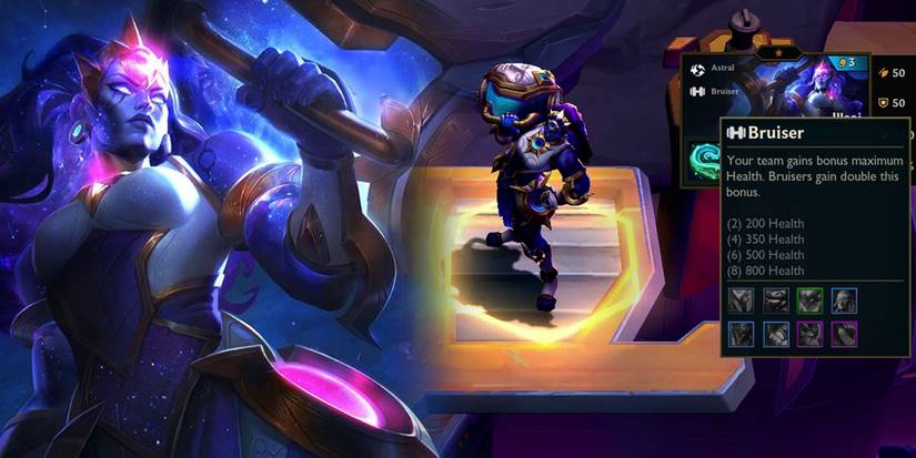 Teamfight Tactics Dragonlands - Illaoi TFT Model Splash Art Next To In-Game Unit With Bruiser Class Description