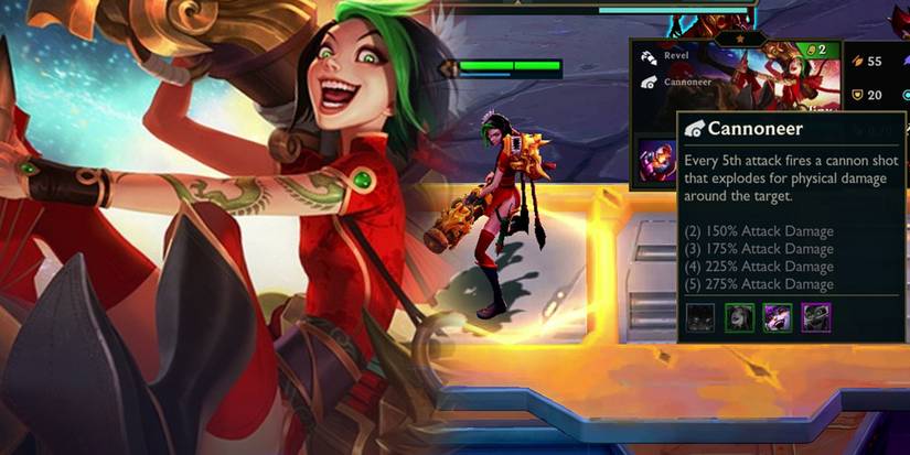 Teamfight Tactics Dragonlands - Jinx TFT Model Splash Art Next To In-Game Unit With Cannoneer Class Description