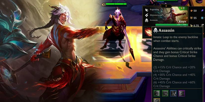Teamfight Tactics Dragonlands - Kayn Artwork Next To Kayn In-Game With Assassin Description