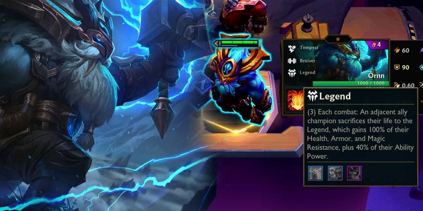 Teamfight Tactics Dragonlands - Ornn TFT Model Splash Art Next To In-Game Unit With Legend Class Description