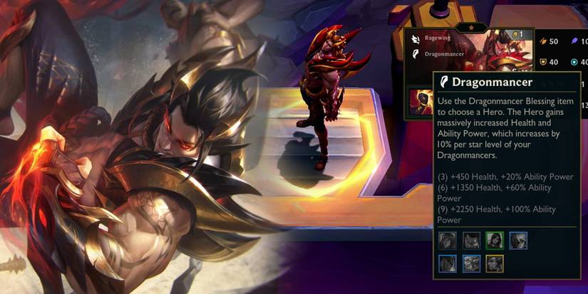 Teamfight Tactics Dragonlands - Sett TFT Model Splash Art Next To In-Game Unit With Dragonmancer Class Description