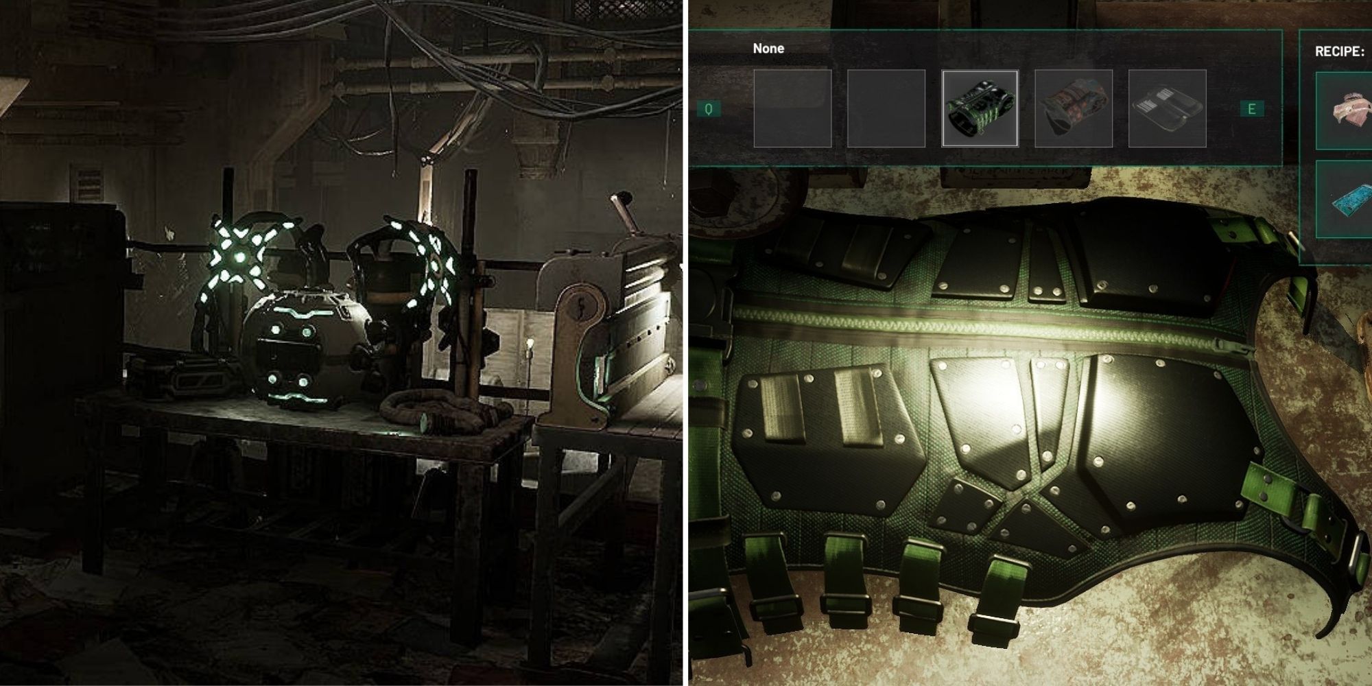 On the left is an image of the work bench in the base and on the right is armor on a table in Chernobylite