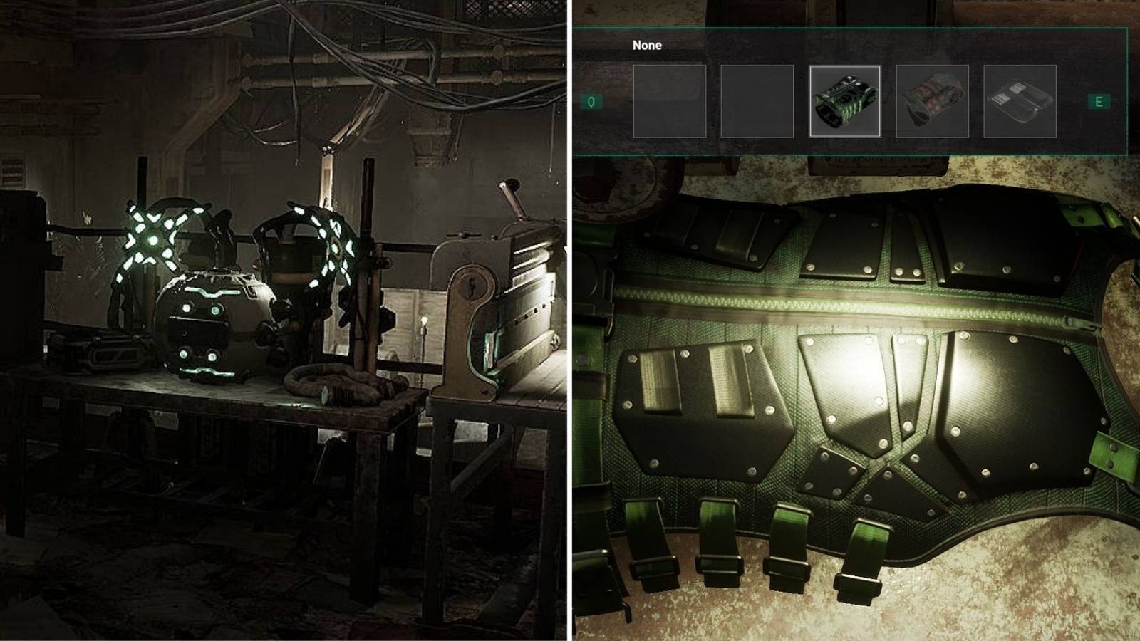 On the left is an image of the work bench in the base and on the right is armor on a table in Chernobylite