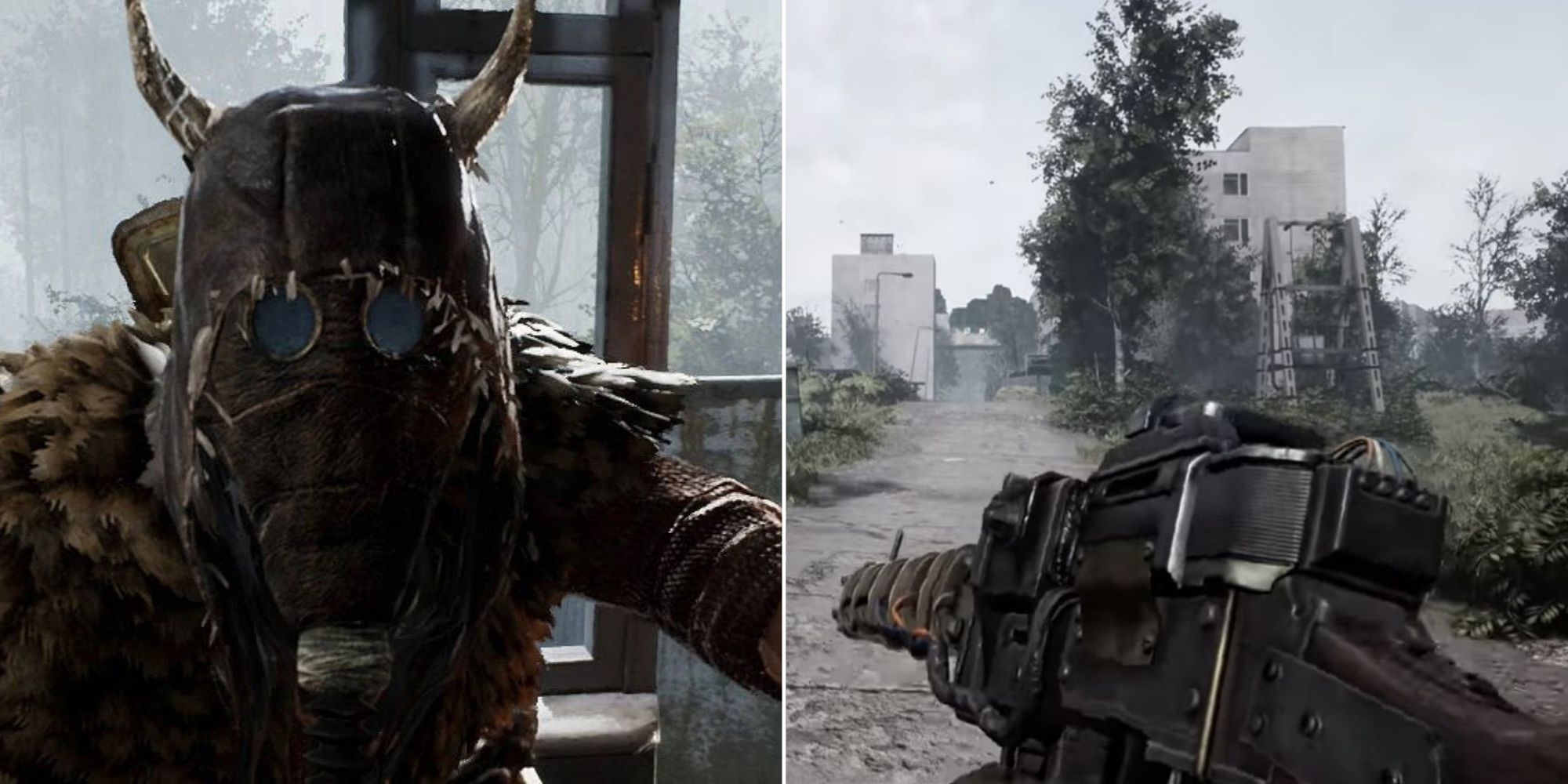 On the left there is a close up of Tarakan and the right shows the player holding a railgun in Chernobylite