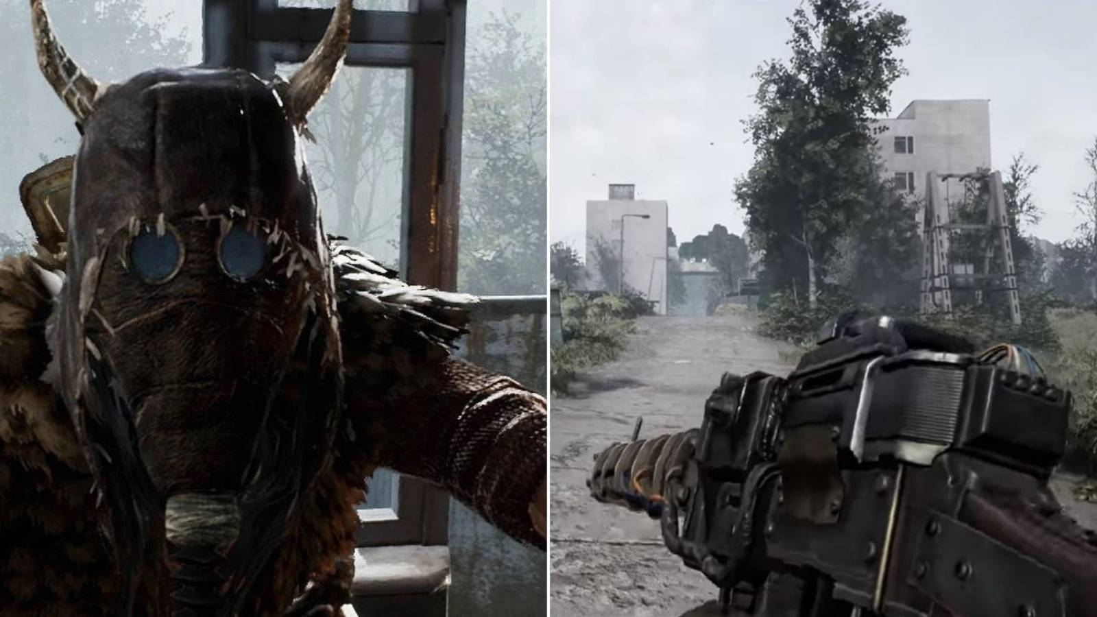 On the left there is a close up of Tarakan and the right shows the player holding a railgun in Chernobylite