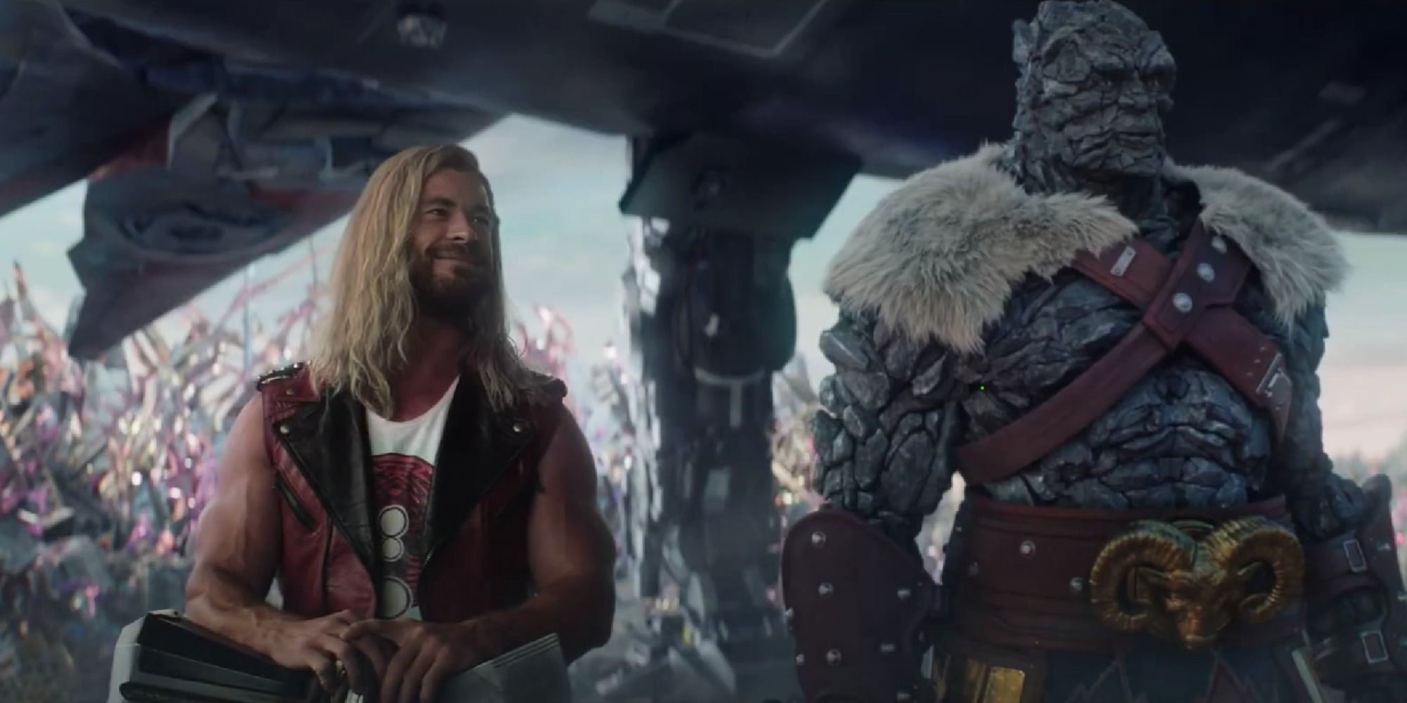 Thor smiling next to Korg in Love and Thunder