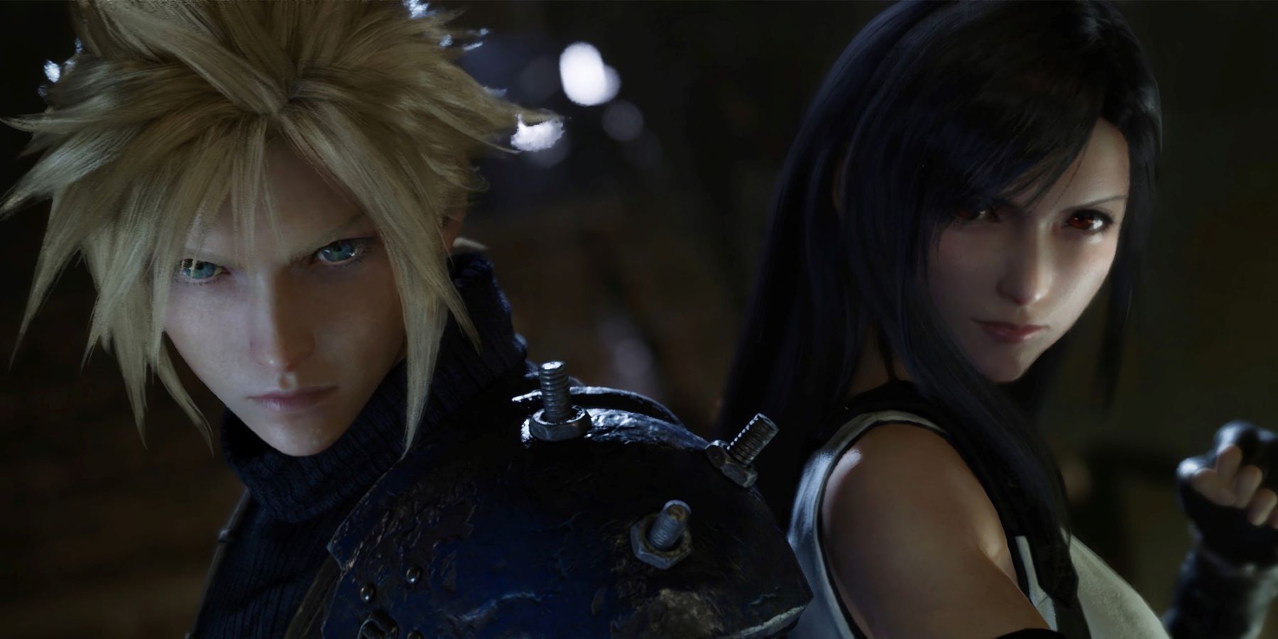 Cloud Strife and Tifa Lockhart fighting back to back in a Final Fantasy 7 Remake cutscene