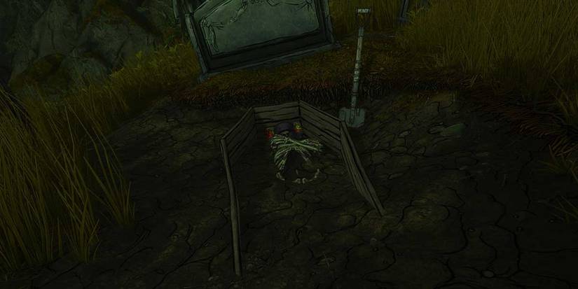 Tiny Tina Wonderlands Spongebob reference skeleton in coffin with shovel