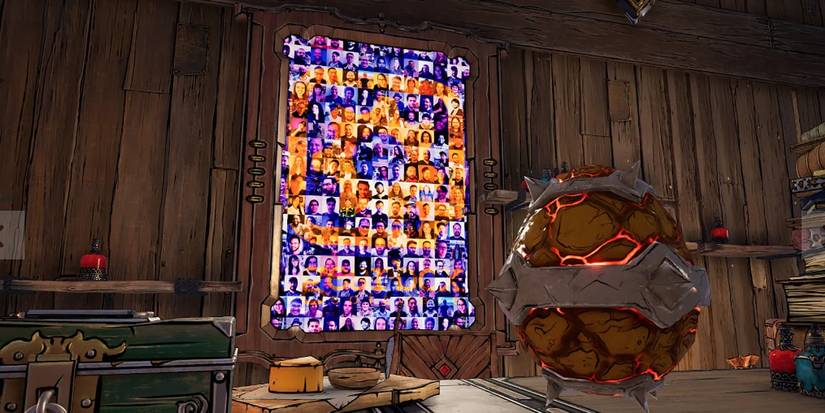 Tiny Tina Wonderlands developer room with portrait collage of developers