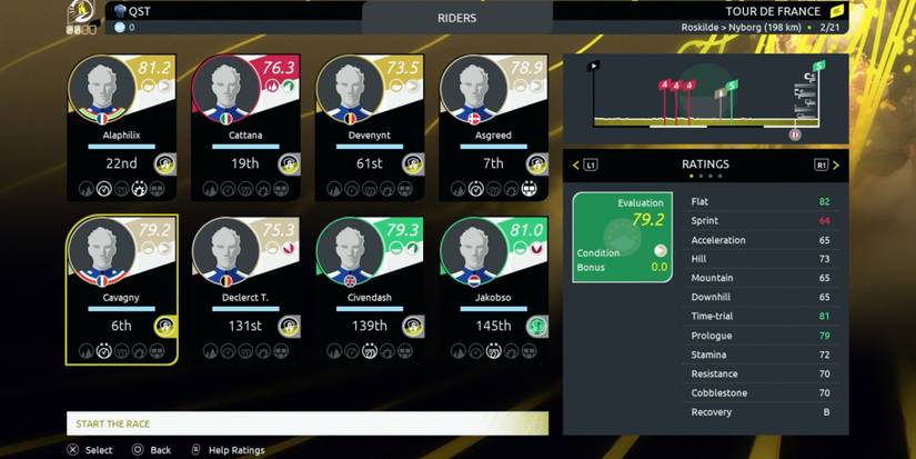 Tour de France 2022 - Look at rider ratings - Player views the ratings of Cavagny