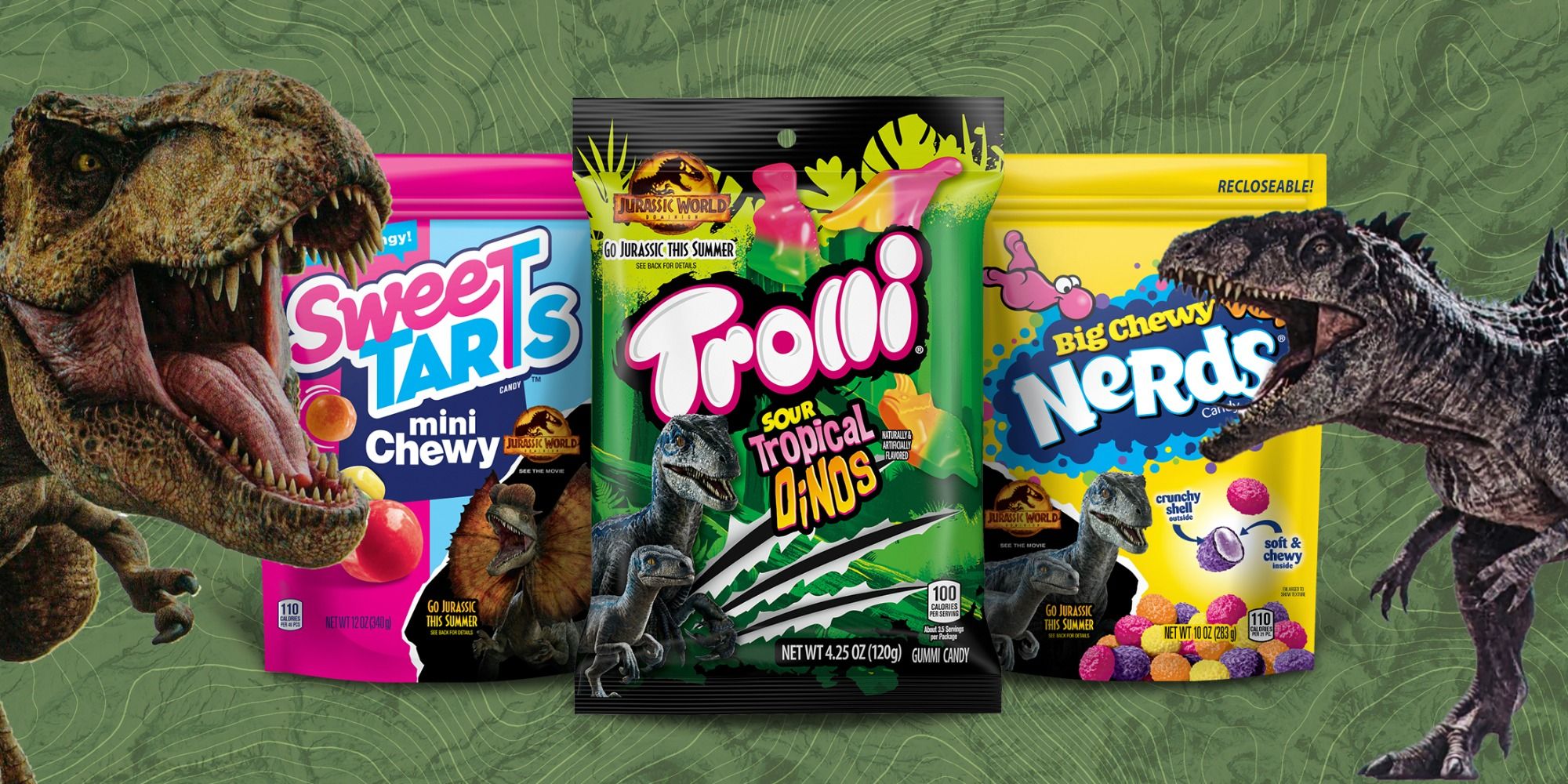 Trolli Jurassic World Dominion Sweet Tarts Nerds candy with dinosaurs