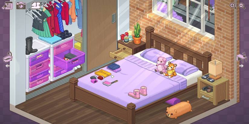 The Master Bedroom from Stage 7 of Unpacking, showing the belongings of the character and their partner.