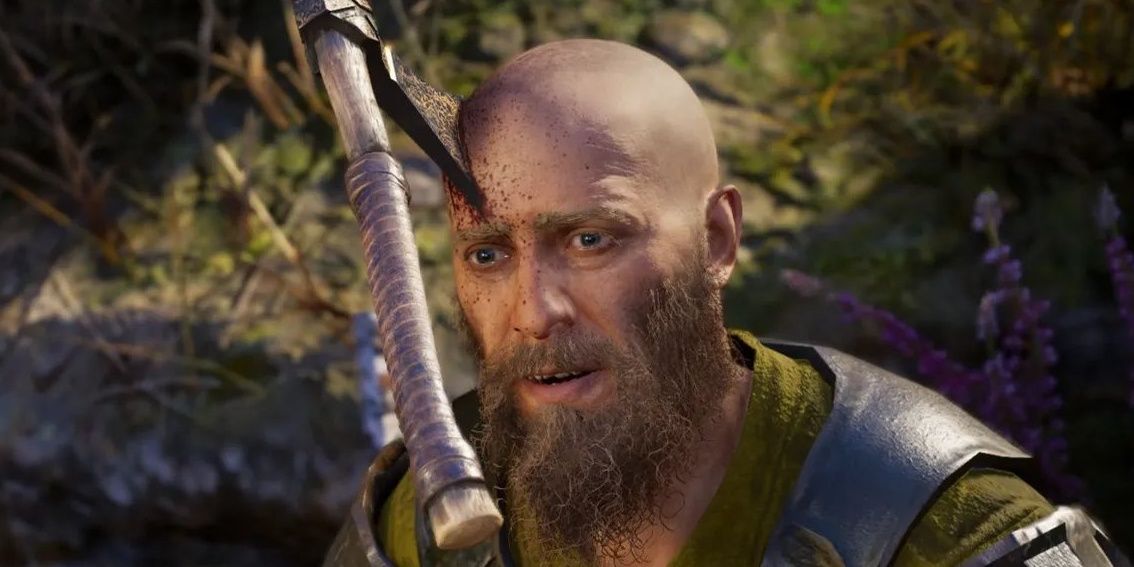 Close up of a man with an axe stuck in his head in Assassin's Creed Valhalla