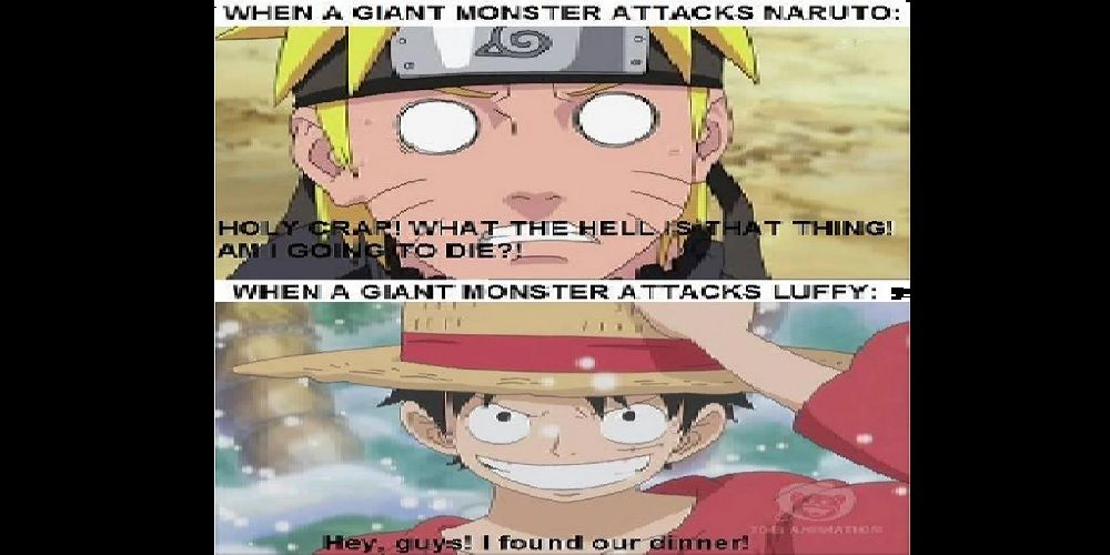 Image of a meme comparing Naruto and Luffy's reactions to a monster from Naruto and One Piece