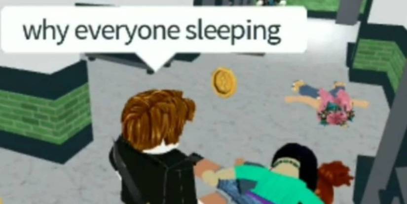 Roblox character sees a bunch of other player's corpses and asks why they're sleeping