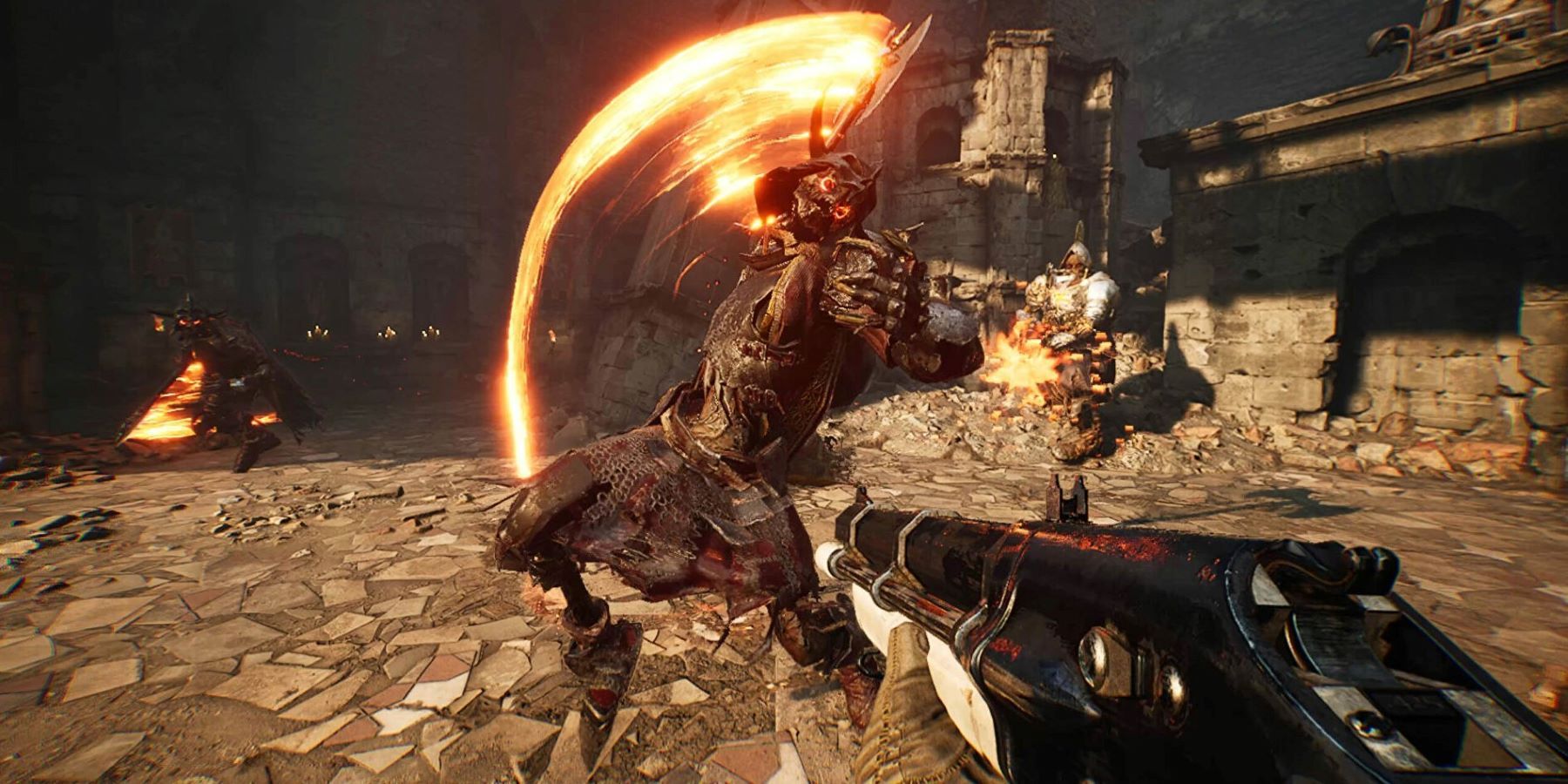 A Witchfire enemy leaping at the player with a flaming weapon