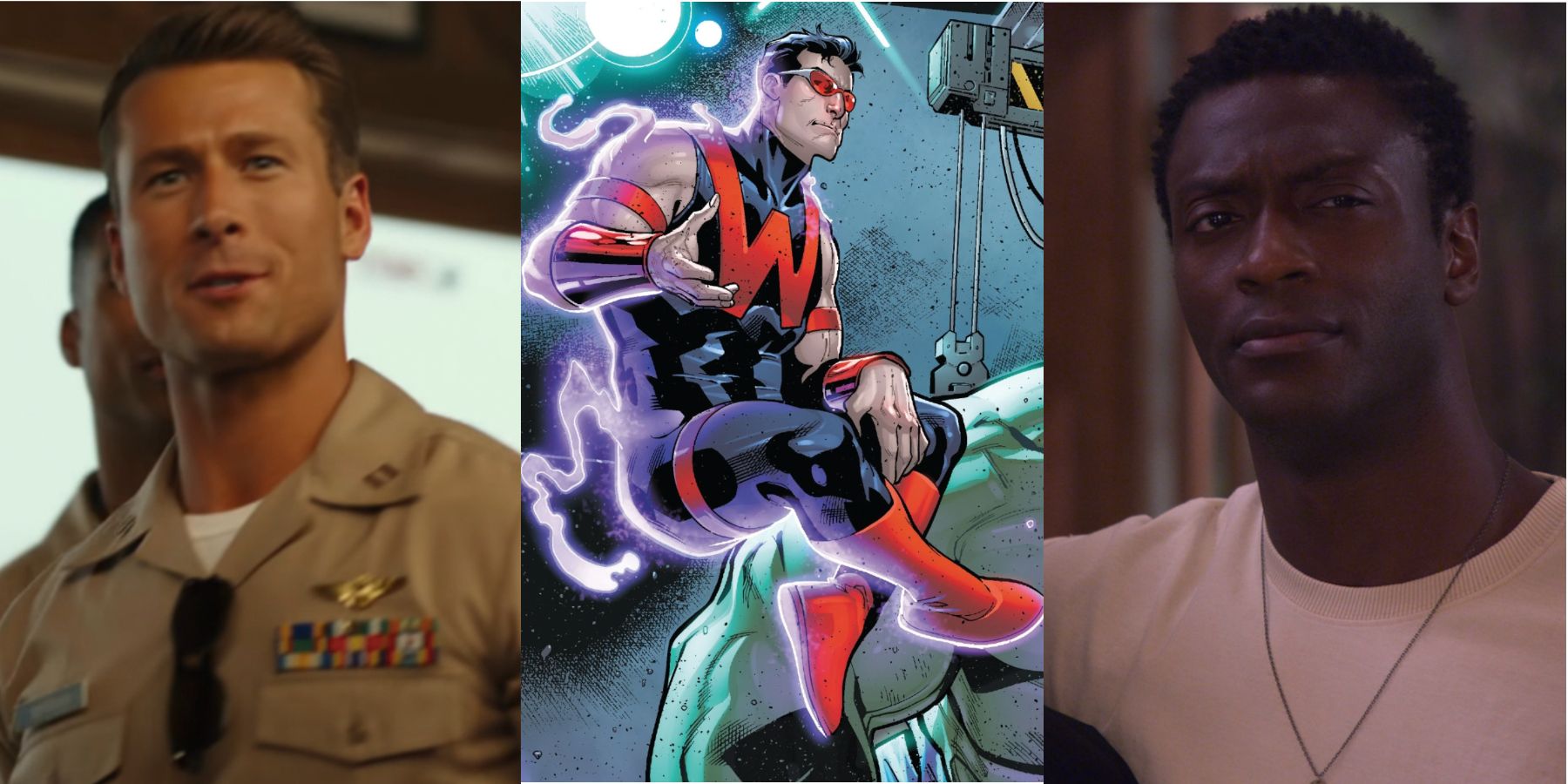 A split image features Glen Powell in Top Gun: Maverick, Wonder Man in Marvel Comics, and Aldis Hodge in Leverage: Redemption