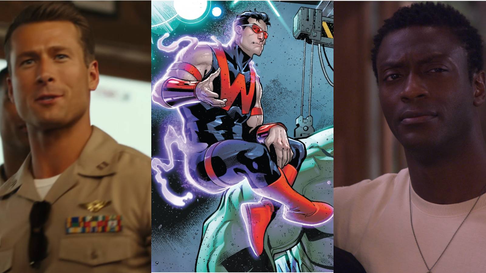 A split image features Glen Powell in Top Gun: Maverick, Wonder Man in Marvel Comics, and Aldis Hodge in Leverage: Redemption