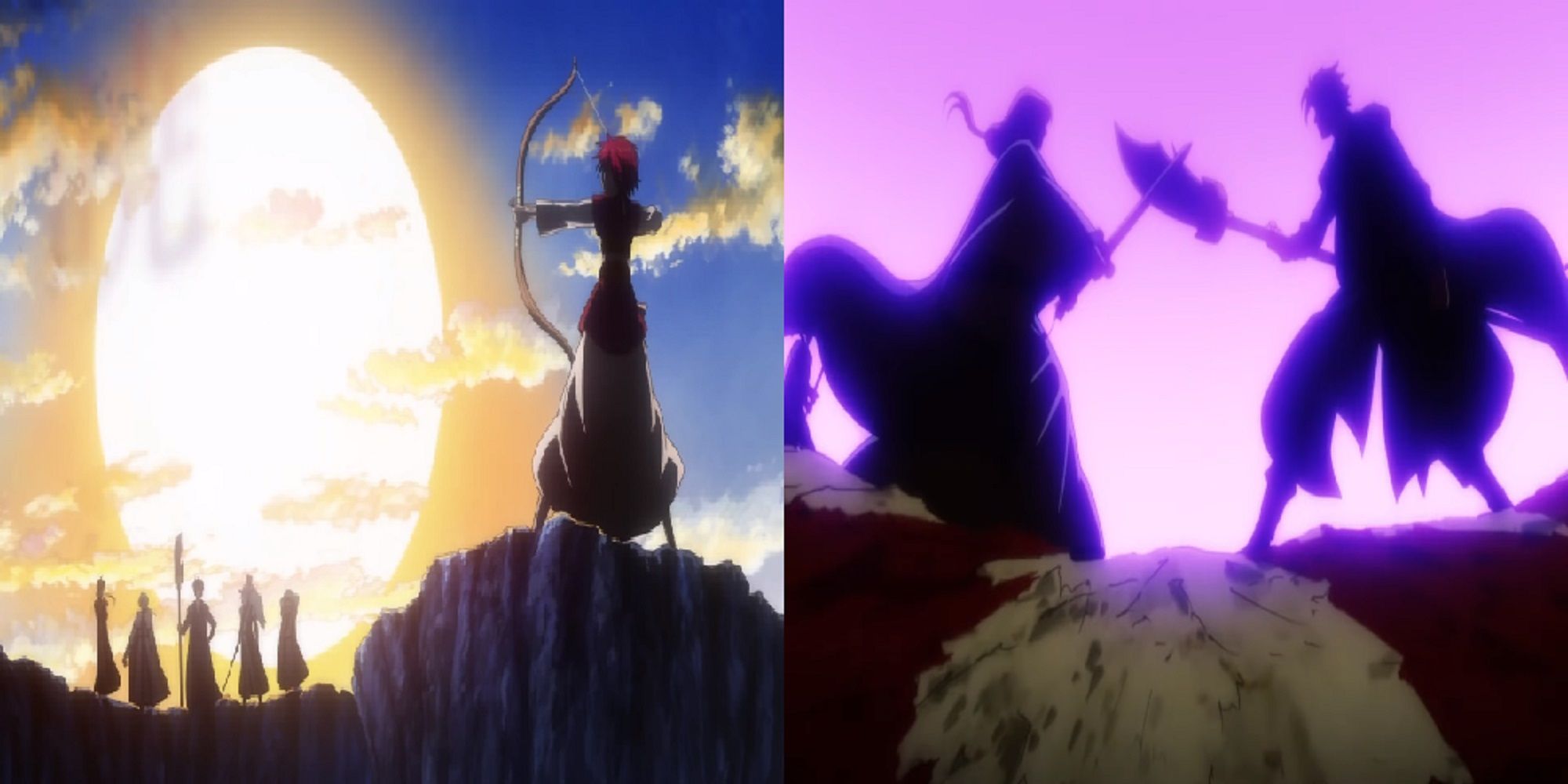 Split image of Yona posing with her group and Hak clashing with Soo-won in Yona of the Dawn