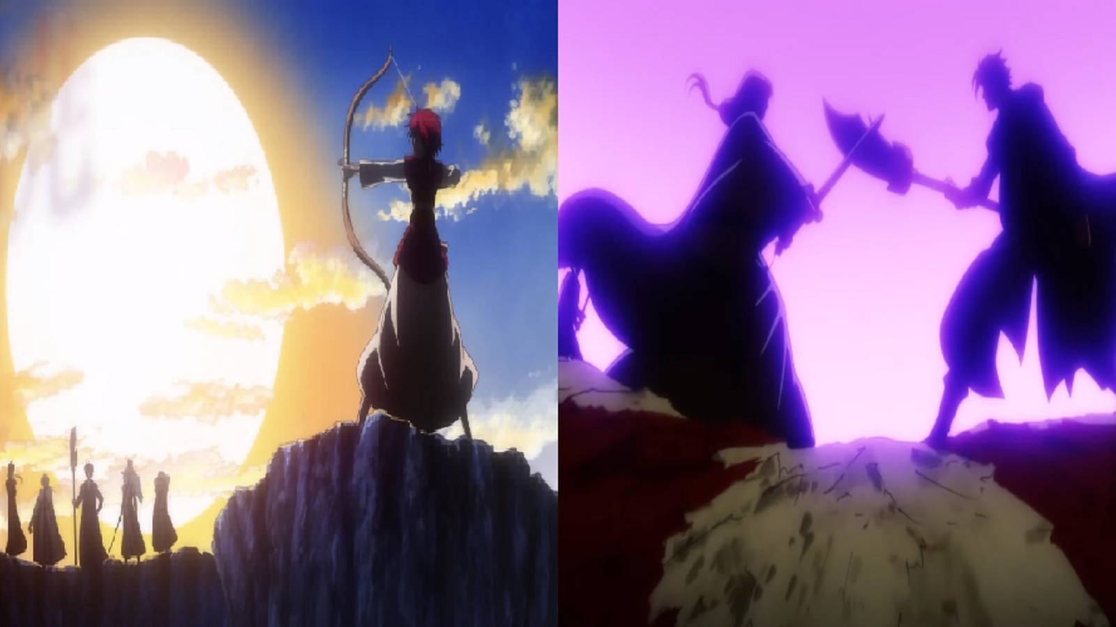 Split image of Yona posing with her group and Hak clashing with Soo-won in Yona of the Dawn