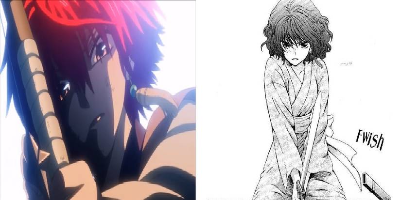 Yona of the Dawn Split image of Yona aiming at Yan Kumji and Yona wielding a sword