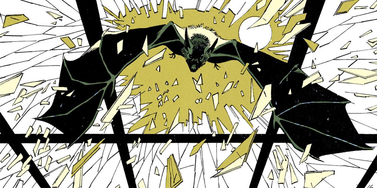 a bat crashing through a window in batman year one