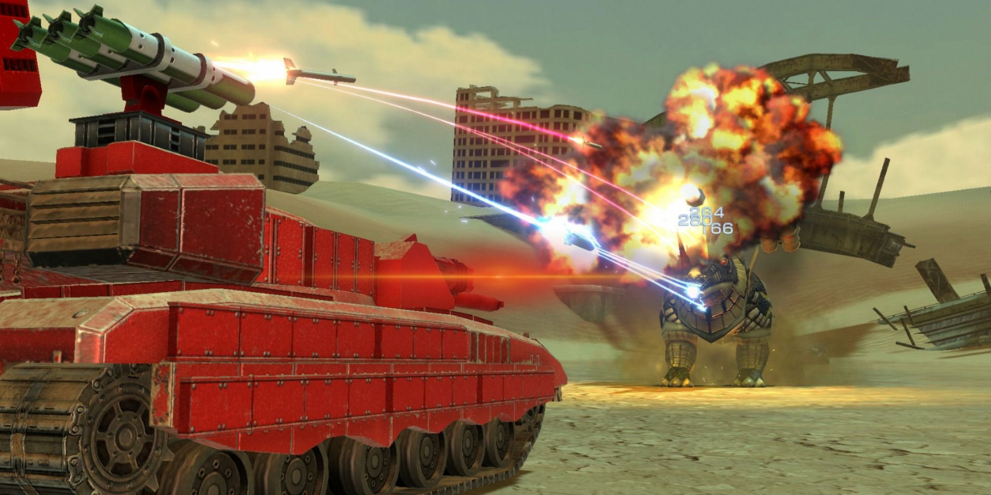 a red tank battling a giant robot monster in metal max xeno reborn