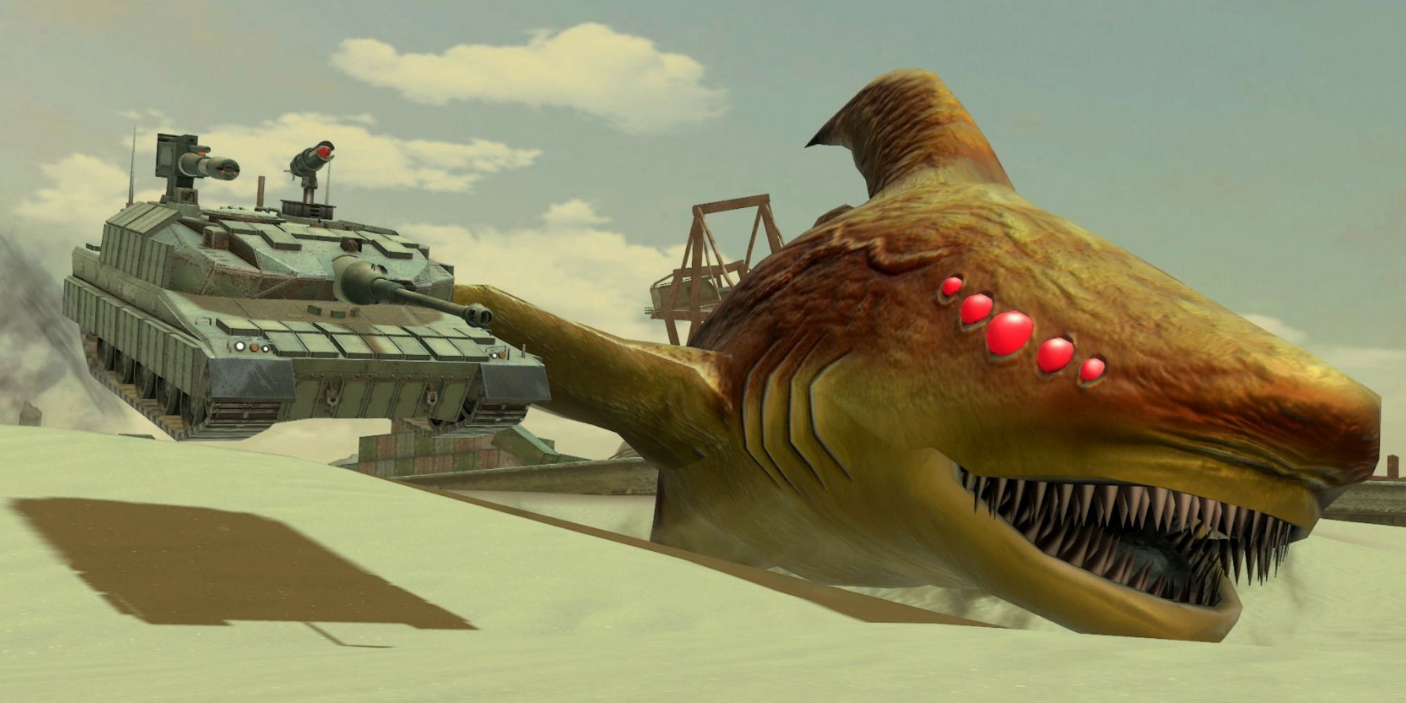 a tank battling a giant mutant sand shark in metal max xeno reborn